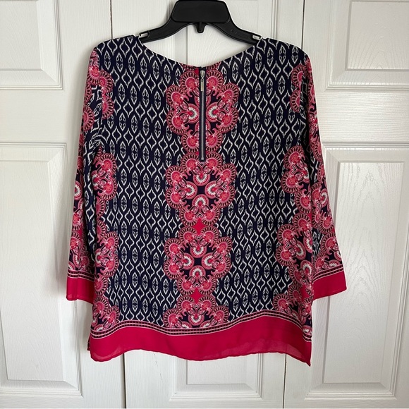 Rose & Olive Womens Pink Navy Geometric Long Sleeve Top Sz L Boho Career Flowy - Picture 3 of 9